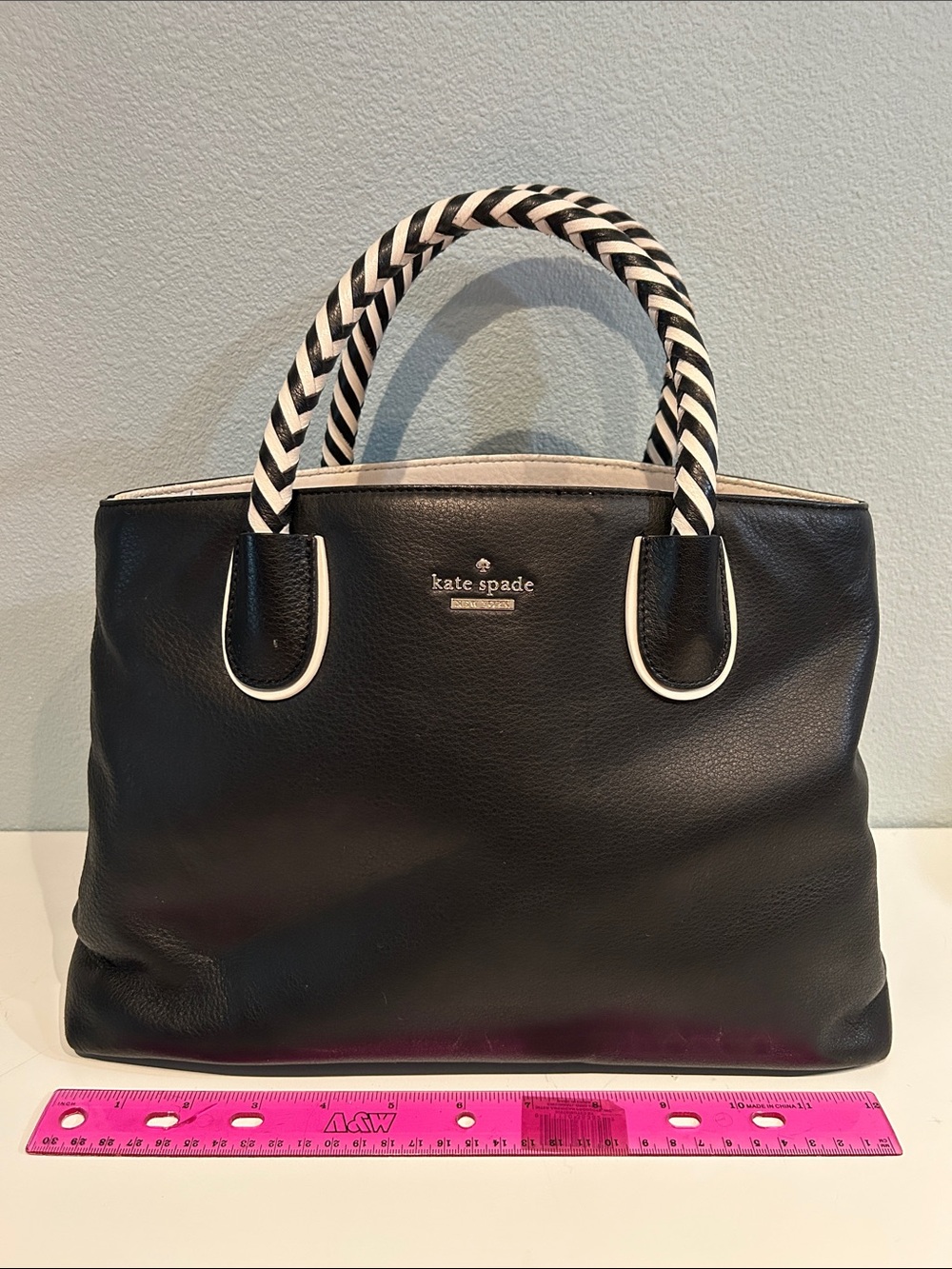 kate spade Black Leather Tote with Black-and-White Striped Handles*